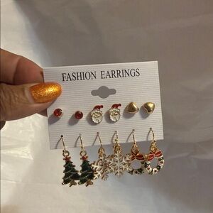 Christmas Festive Gold and Green Fashion Earrings Set of 6 pair, dangle and stud